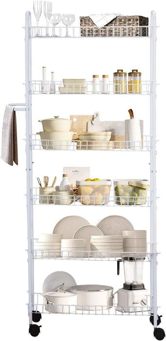 SkyMall Slim Rolling 6-Tier Shelf, White Metal with Elegant Scroll Design Accent - Extra Kitchen and Bathroom Storage, 10