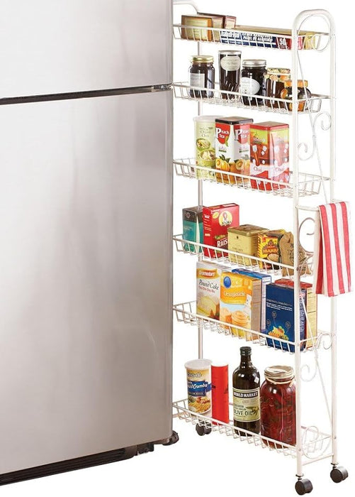 SkyMall Slim Rolling 6-Tier Shelf, White Metal with Elegant Scroll Design Accent - Extra Kitchen and Bathroom Storage, 6