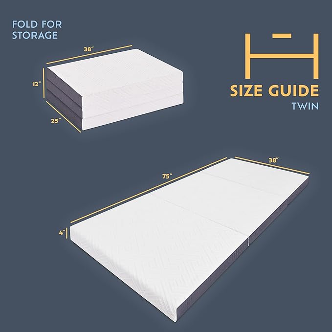 Heyward Premium 4” Trifold Mattress, Portable Memory Foam Folding Mattress, Twin Size