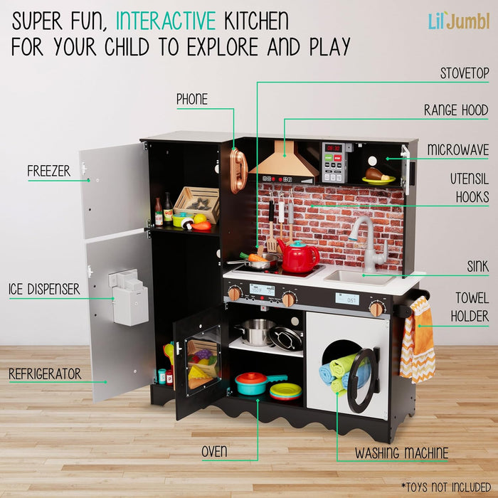 Large Kids Kitchen Set, Wooden Pretend Play Kitchen with Sounds & Accessories - Charcoal