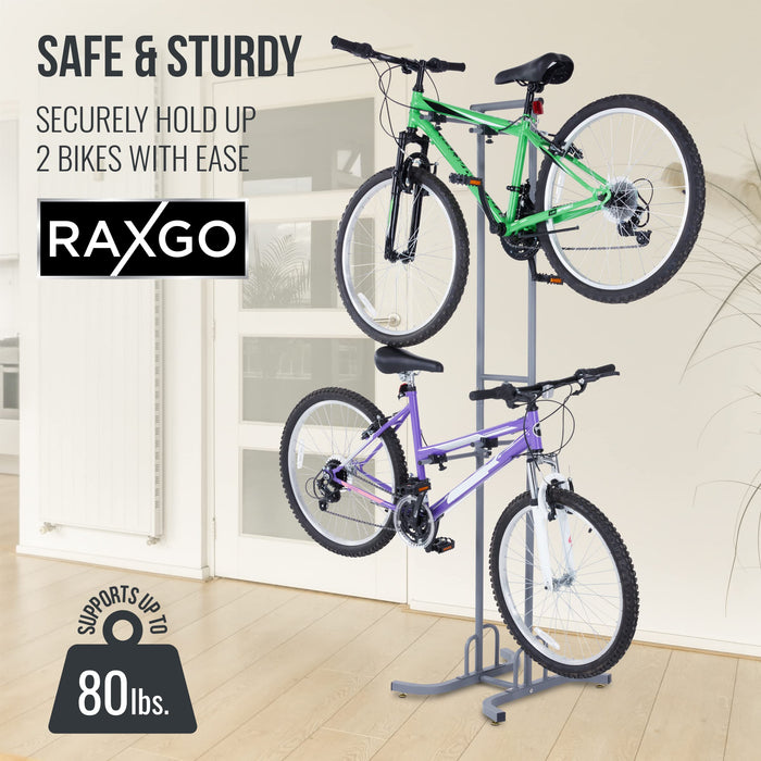 Freestanting Bike Storage Rack, 2 Bicycle Stand W/Hooks for Mountain & Road Bikes