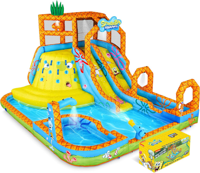 Sunny & Fun SpongeBob Mega Climb N’ Go Inflatable Water Slide Park – Climbing Wall, 2 Slides, Splash Pool