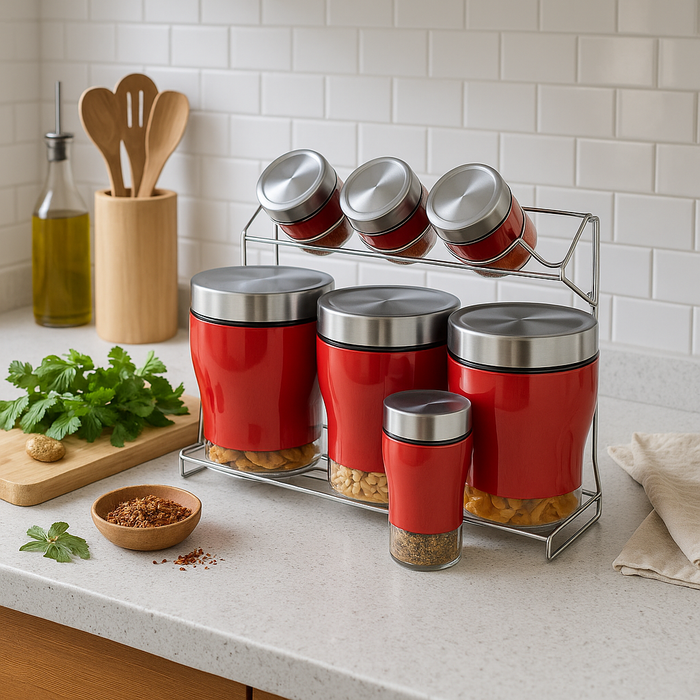 Jumbl 9 Piece Stainless Steel Red Color And Glass Kitchen Counter Storage and Spice Jar Rack Set