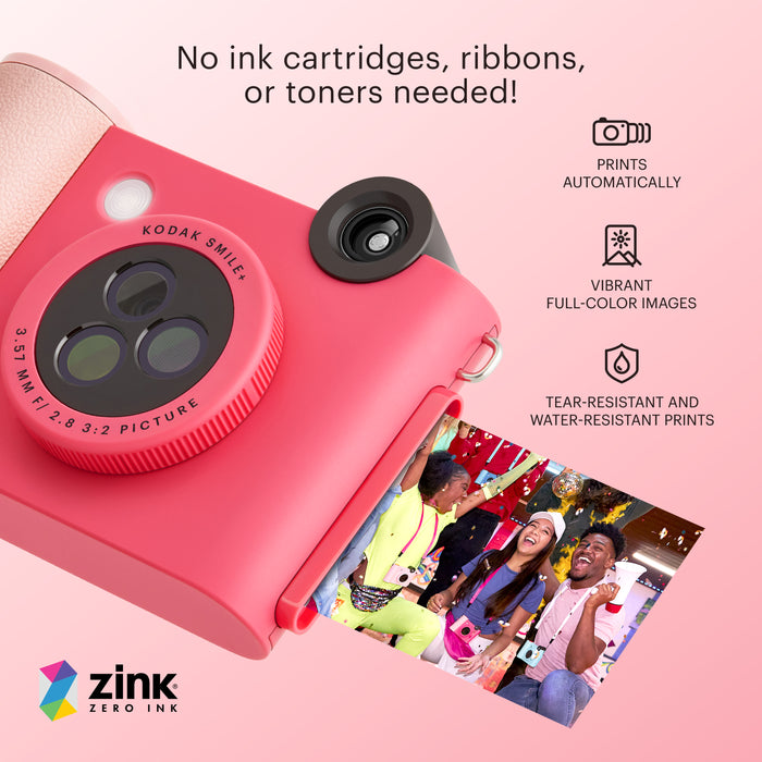 Kodak Smile+ Wireless Digital Instant Print Camera with Effect-changing Lens, 2x3” Sticky-backed Photo Prints, and Zink printing technology, Compatible with iOS and Android devices - Fuchsia