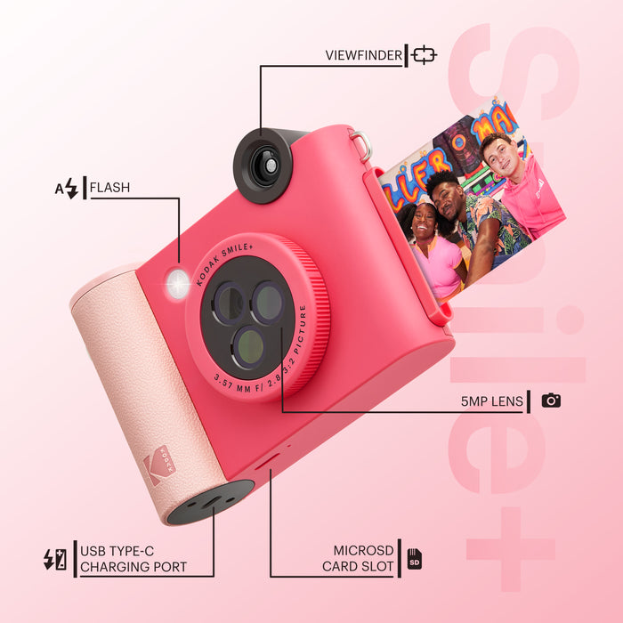 Kodak Smile+ Wireless Digital Instant Print Camera with Effect-changing Lens, 2x3” Sticky-backed Photo Prints, and Zink printing technology, Compatible with iOS and Android devices - Fuchsia