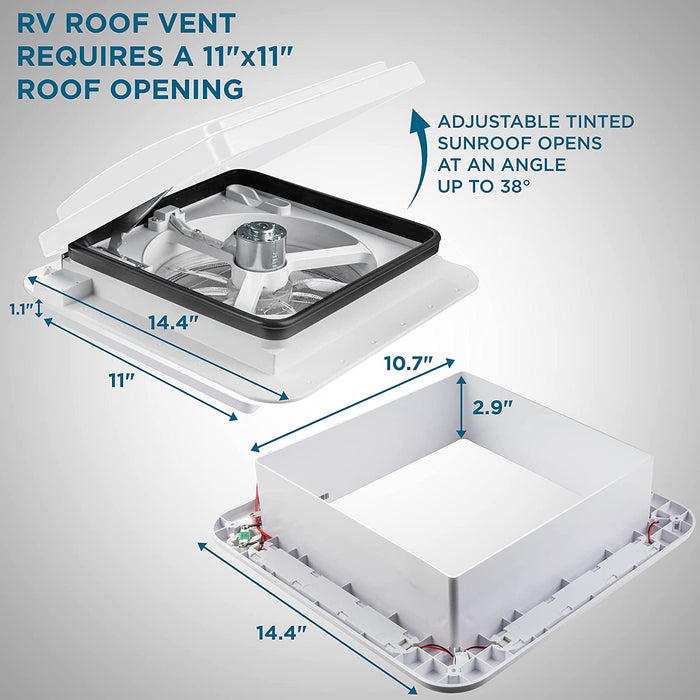 11” RV Roof Vent Fan with Light, 12V Motorhome RV Fan, Intake & Exhaust, Manual Open/Close