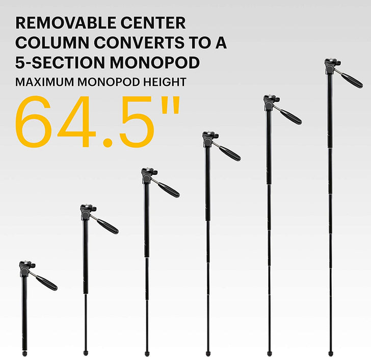 Kodak PhotoGear 2-in-1 Tripod & Monopod | Lightweight 70” 4-Section Flip-Lock Aluminum Tripod Converts to 64.5” Monopod | QuickRelease Plates 3-Way Swivel Head Bubble Level