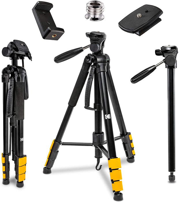 Kodak PhotoGear 2-in-1 Tripod & Monopod | Lightweight 70” 4-Section Flip-Lock Aluminum Tripod Converts to 64.5” Monopod | QuickRelease Plates 3-Way Swivel Head Bubble Level