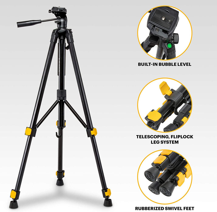 PhotoGear 62" Lightweight Tripod | Compact 3-Section Flip-Lock Aluminum Tripod Adjusts 22”-62”, QuickRelease Plate, Smartphone Adapter & 1/4” to 3/8” Screw, Bubble Level, Carry Case, E-Guide