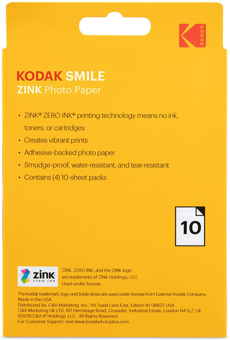 3.5x4.25 inch Premium Zink Print Photo Paper (10 Sheets) Compatible with Kodak Smile Classic Instant Camera