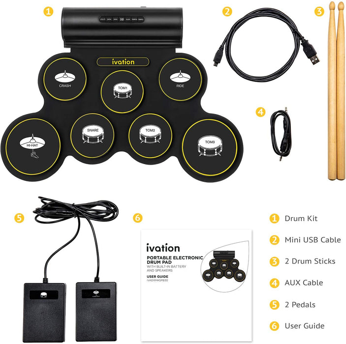 Portable Electronic Drum Pad - Digital Roll-Up Touch Sensitive Drum Practice Kit - 7 Labeled Pads 2 Foot Pedals Kids Children Beginners (with Speaker and Built in Rechargeable Battery)