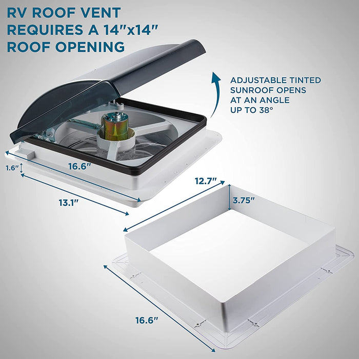 14” RV Roof Vent Fan, 12V Motorhome RV Fan Intake & Exhaust, Manual Open/Close