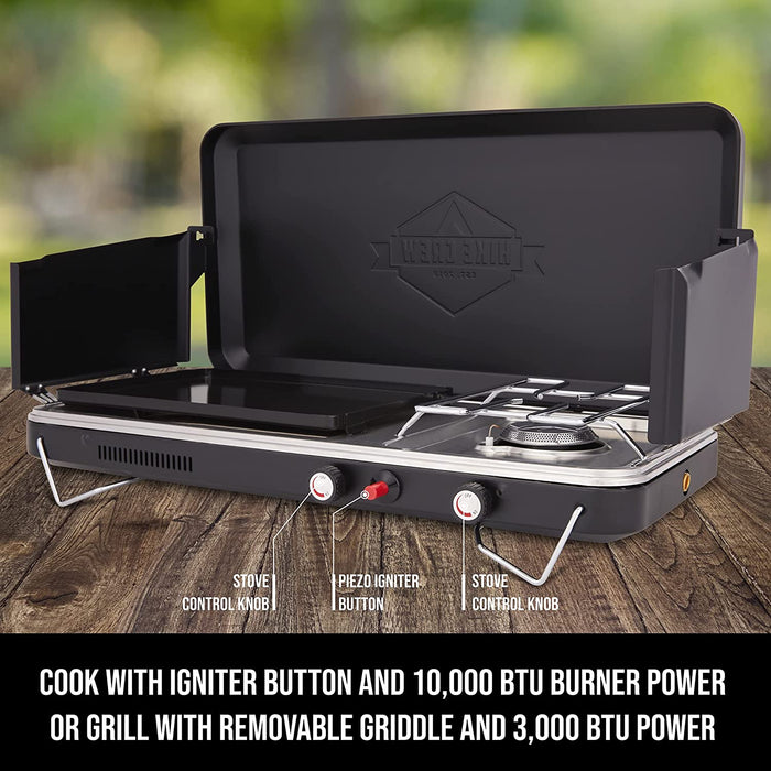 2-in-1 Gas Camping Stove, Portable Grill & Camp Stove, Propane Burner W/ Integrated Igniter, Black