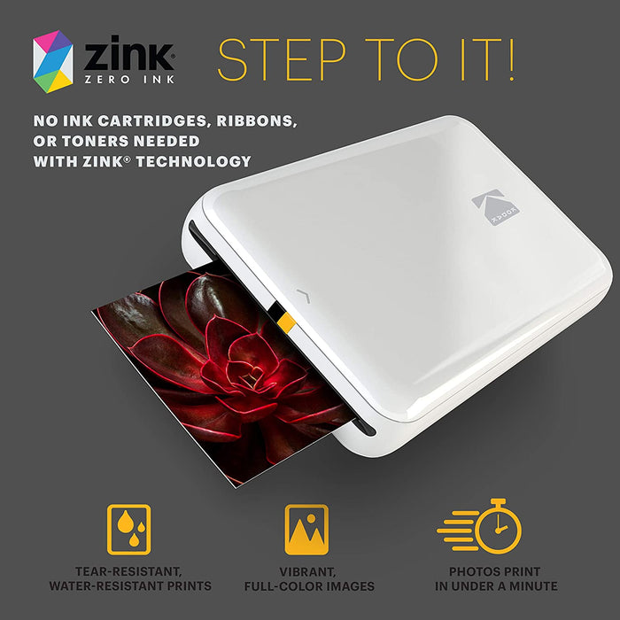 Step Wireless Photo Printer (White) Zink Technology Compatible with iOS & Android, NFC & Bluetooth Devices