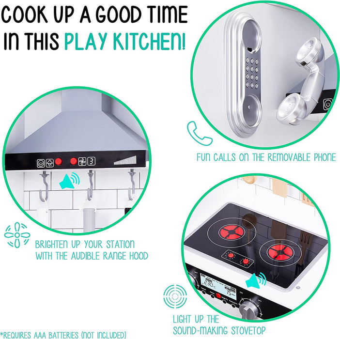 Kids Kitchen Set, Pretend Wooden Play Kitchen, Battery Operated Icemaker, Microwave & More