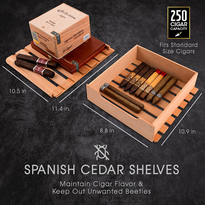 250 Cigar Humidor, Cigar Humidifier, Cigar Box & Cigar Hygrometer for Black, Mild and Cuban Cigars