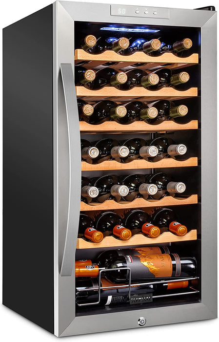 28 Bottle Stainless Steel Wine Fridge, Freestanding Wine Refrigerator w/Lock