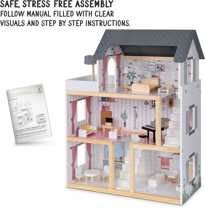 Kids Wooden Dollhouse, 17-Piece Accessories & Furniture are Included