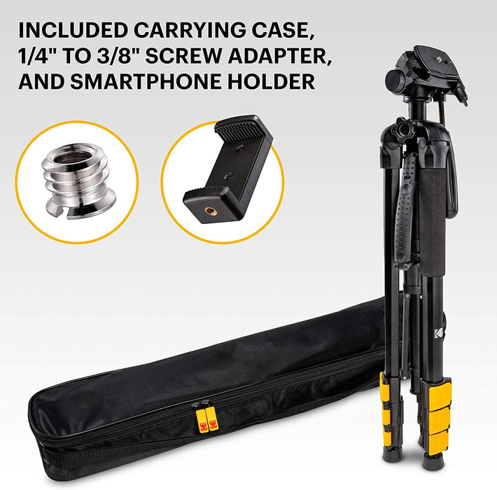 Kodak PhotoGear 2-in-1 Tripod & Monopod | Lightweight 70” 4-Section Flip-Lock Aluminum Tripod Converts to 64.5” Monopod | QuickRelease Plates 3-Way Swivel Head Bubble Level