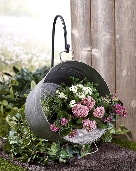 Galvanized Metal Flower Pot with Shepherd's Hook and Stake