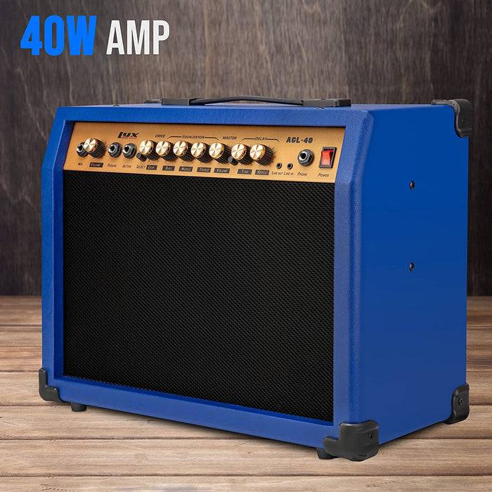 40 Watt Electric Guitar Amplifier | Combo Solid State Studio & Stage Amp with 8” 4-Ohm Speaker, Custom EQ Controls, Drive, Delay, ¼” Passive/Active/Microphone Inputs, Aux In & Headphone Jack