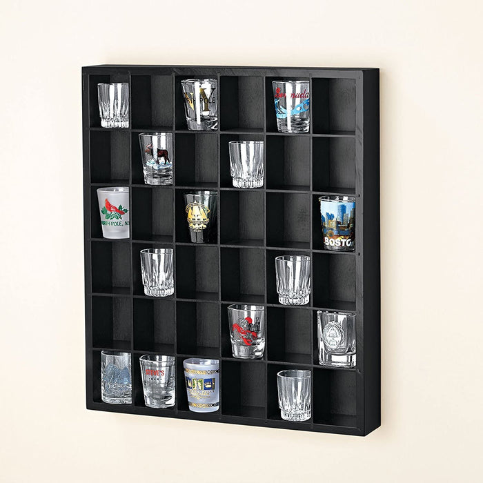 36 Shot Glass Curio Display Case Jiggers Holder Shotglass Cabinet Wall Rack - Back, 16.5"