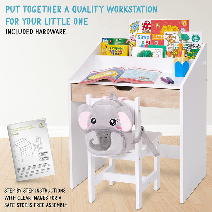 Toddler Wooden Kids Desk and Chair Set, With Writing Table