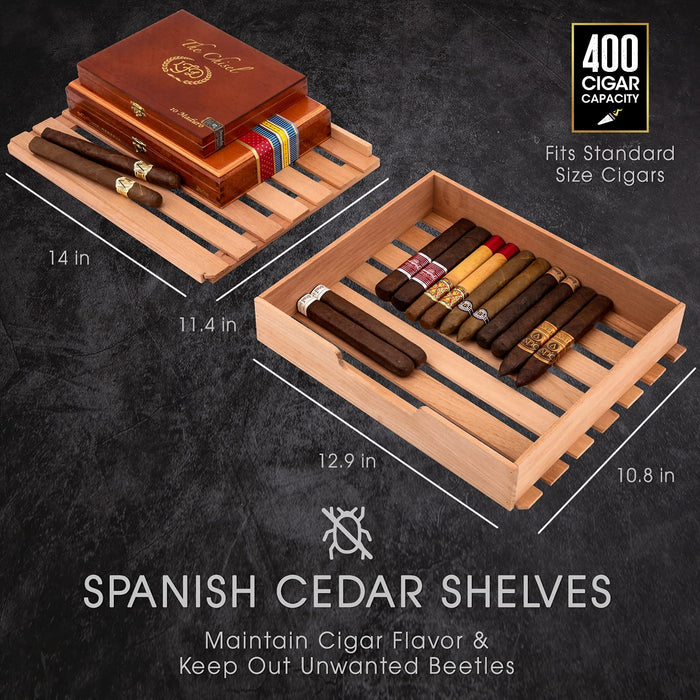 400 Cigar Humidor, Cigar Humidifier, Cigar Box & Cigar Hygrometer for Black, Mild and Cuban Cigars