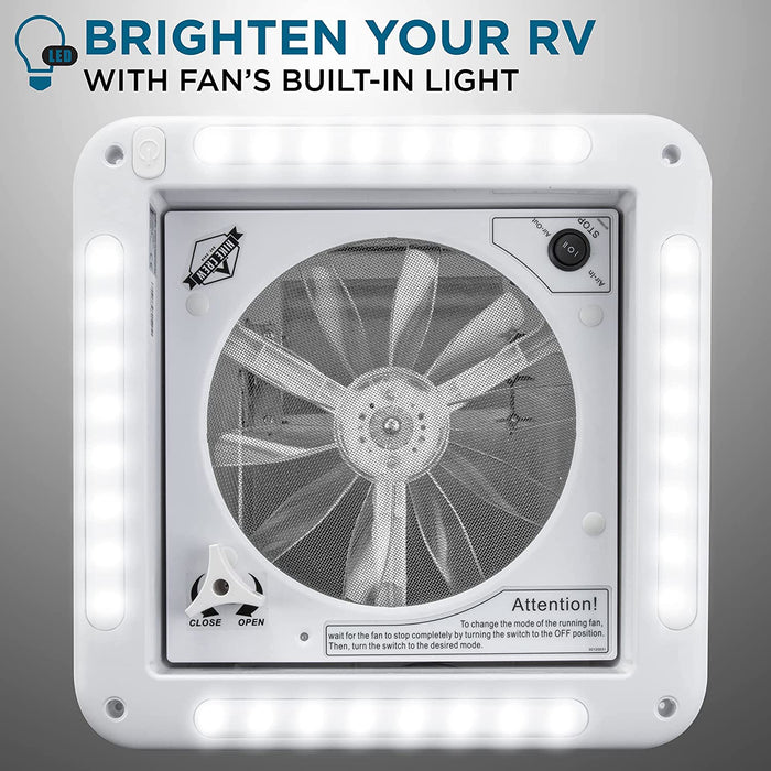 11” RV Roof Vent Fan with Light, 12V Motorhome RV Fan, Intake & Exhaust, Manual Open/Close