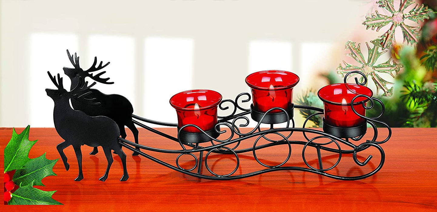 Metal and Glass Reindeer Sleigh Candle Holder
