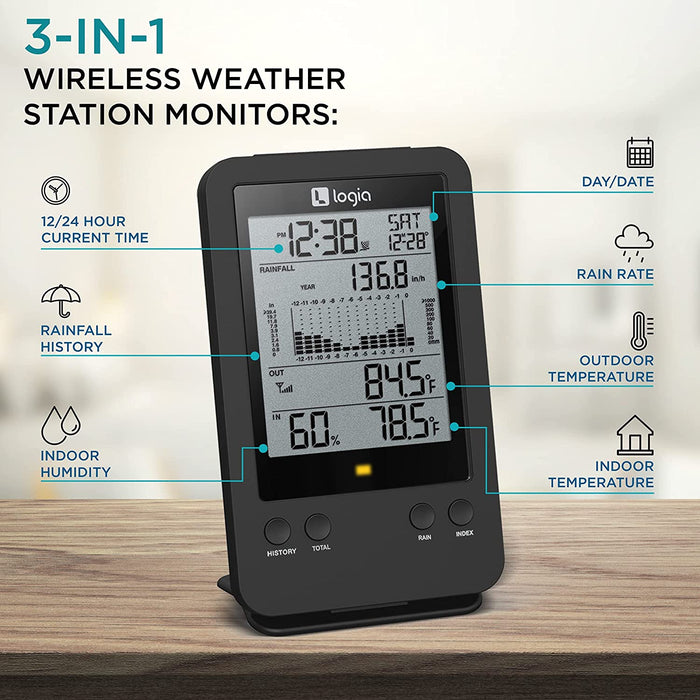 Logia 3-in-1 Rain Gauge Weather Station w/ Temperature & Humidity, Indoor/Outdoor Weather Monitoring System