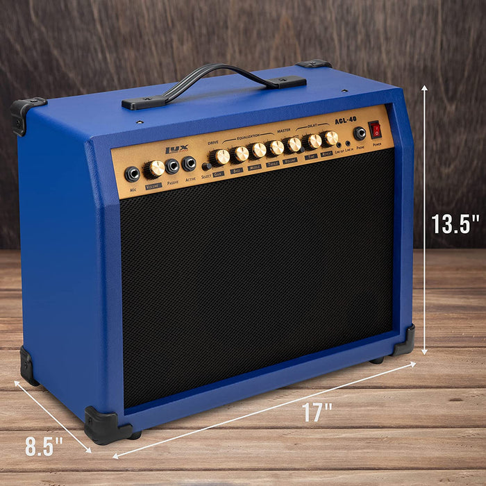40 Watt Electric Guitar Amplifier | Combo Solid State Studio & Stage Amp with 8” 4-Ohm Speaker, Custom EQ Controls, Drive, Delay, ¼” Passive/Active/Microphone Inputs, Aux In & Headphone Jack