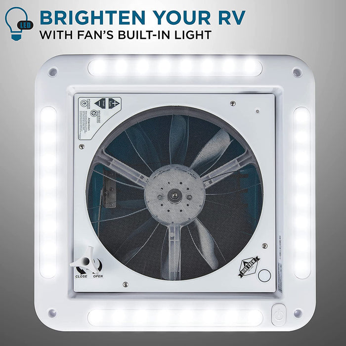 14” RV Roof Vent Fan with LED Light, 12V 6-Speed Fan with Intake & Exhaust - Smoked Lid