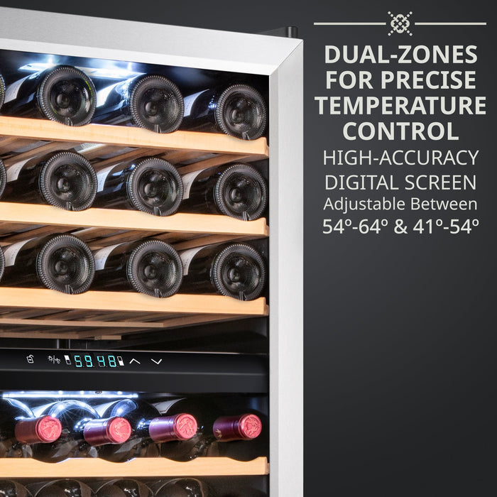 43 Bottle Dual Zone Wine Cooler, Freestanding Wine Refrigerator w/Lock
