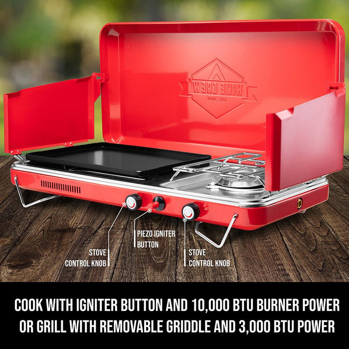2-in-1 Gas Camping Stove, Portable Grill & Camp Stove, Propane Burner W/ Integrated Igniter, Red