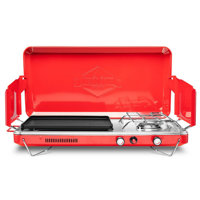 2-in-1 Gas Camping Stove, Portable Grill & Camp Stove, Propane Burner W/ Integrated Igniter, Red