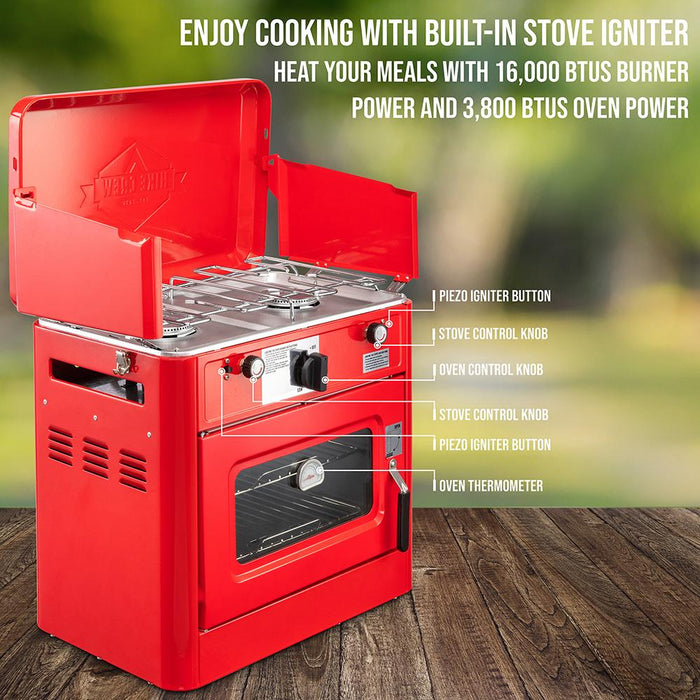 2-in-1 Camping Oven and Dual Propane Burner Camping Stove with Auto Ignitor and Thermometer, Red