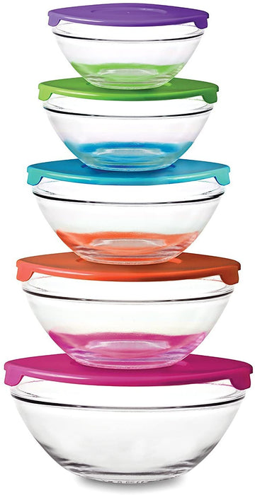 10 Piece Glass Bowl Set with Plastic Lids (Microwave, Freezer and Dishwasher Safe)