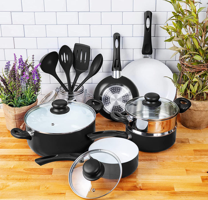 16pc Healthy Ceramic Nonstick Cookware Set w/ Induction Compatible Base | Dishwasher Safe, PFOA & Toxin Free | Pots & Pans Set w/ Stay-Cool Bakelite Handle & Tempered Glass Lid