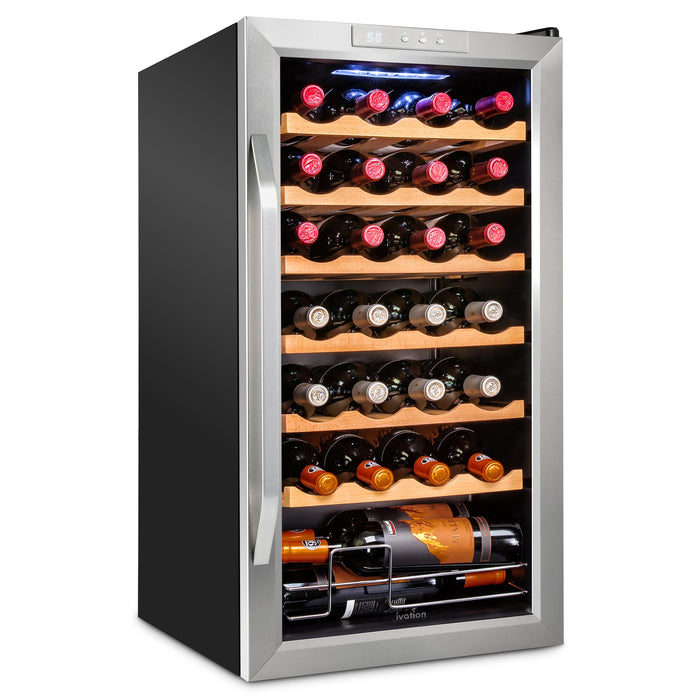 28 Bottle Stainless Steel Wine Fridge, Freestanding Wine Cooler w/Lock