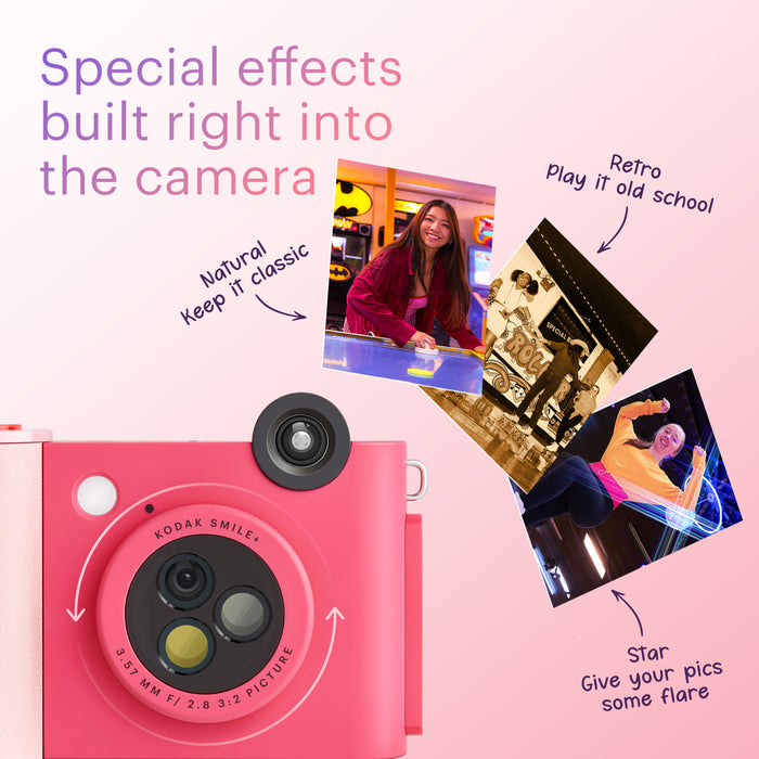 Kodak Smile+ Wireless Digital Instant Print Camera with Effect-changing Lens, 2x3” Sticky-backed Photo Prints, and Zink printing technology, Compatible with iOS and Android devices - Fuchsia