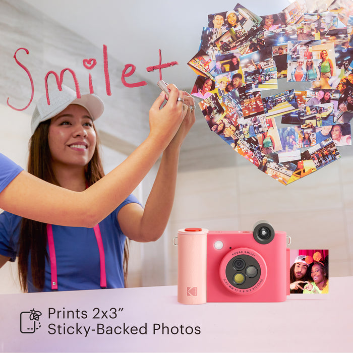 Kodak Smile+ Wireless Digital Instant Print Camera with Effect-changing Lens, 2x3” Sticky-backed Photo Prints, and Zink printing technology, Compatible with iOS and Android devices - Fuchsia