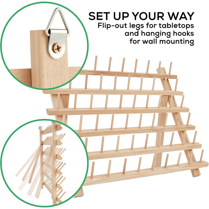 JumblCrafts Wooden Thread Holder. 60-Spool Thread Rack with Hanging Hooks & Flip-Out Legs