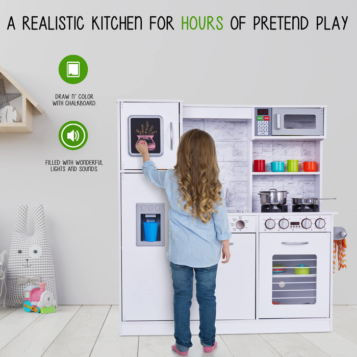 Lil' Jumbl Premium Kids Kitchen Set, Wooden Pretend Play Kitchen with Sounds & Accessories - White