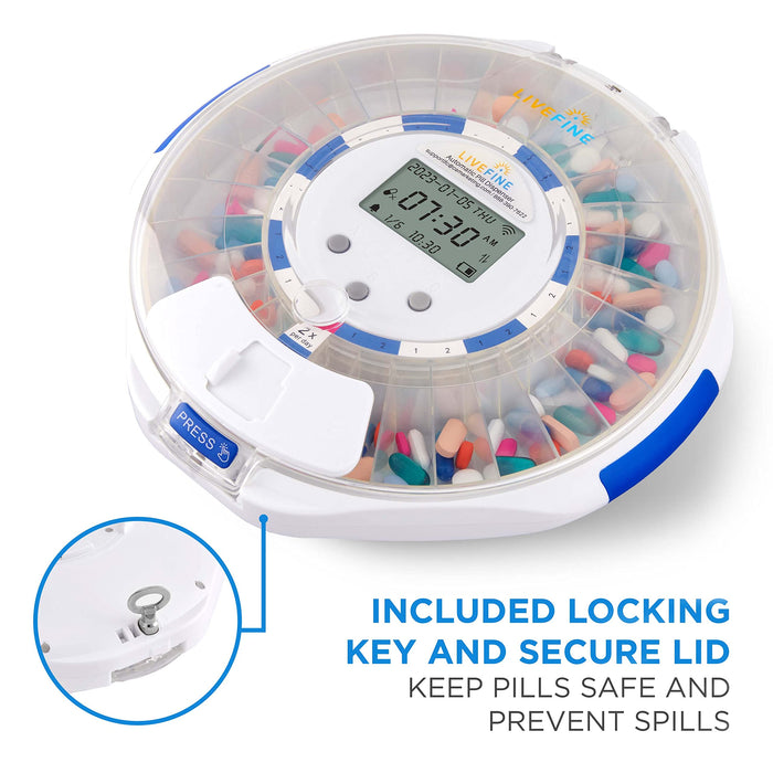 LiveFine Smart WiFi Automatic Pill Dispenser, 28-Day Pill Organizer with Lock Key & App - Clear Lid