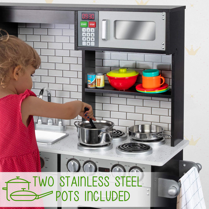 Lil' Jumbl Kids Kitchen Set, Wooden Pretend Play Kitchen with Sounds & Accessories - Charcoal