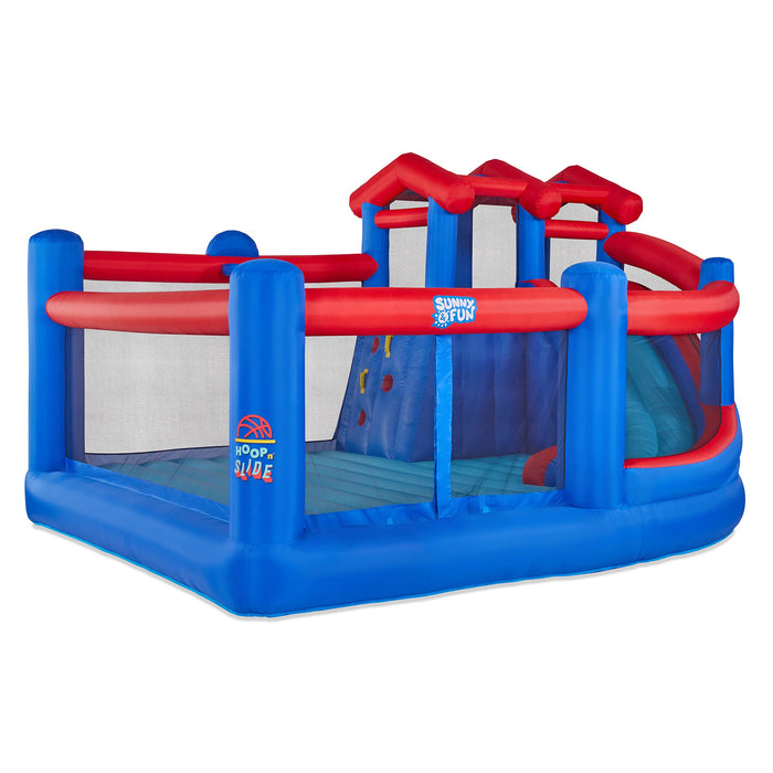 Sunny & Fun Hoop N’ Slide Inflatable Bounce House with Basketball Hoop & Slide - Red/Blue
