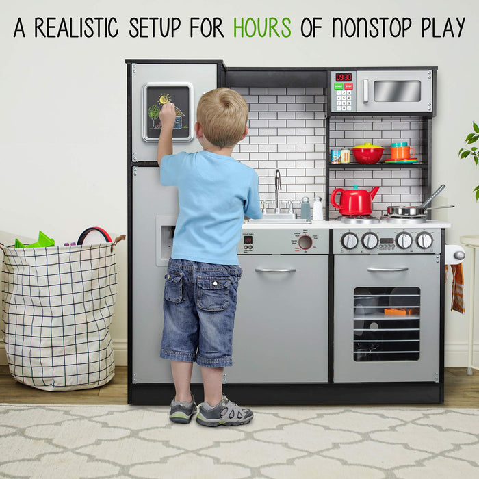 Lil' Jumbl Kids Kitchen Set, Wooden Pretend Play Kitchen with Sounds & Accessories - Charcoal