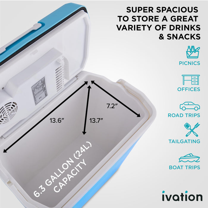 Ivation Electric Cooler & Warmer, 24L Portable Thermoelectric 12 Volt Cooler with Handle - Aqua Blue