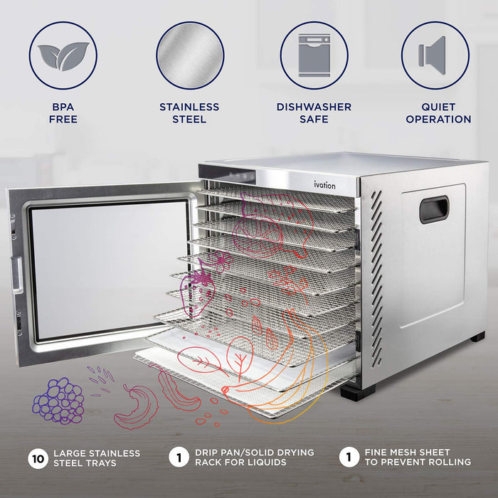 Ivation 10-Tray, 1000W Food Dehydrator with Digital Timer and Temperature Control - Stainless Steel